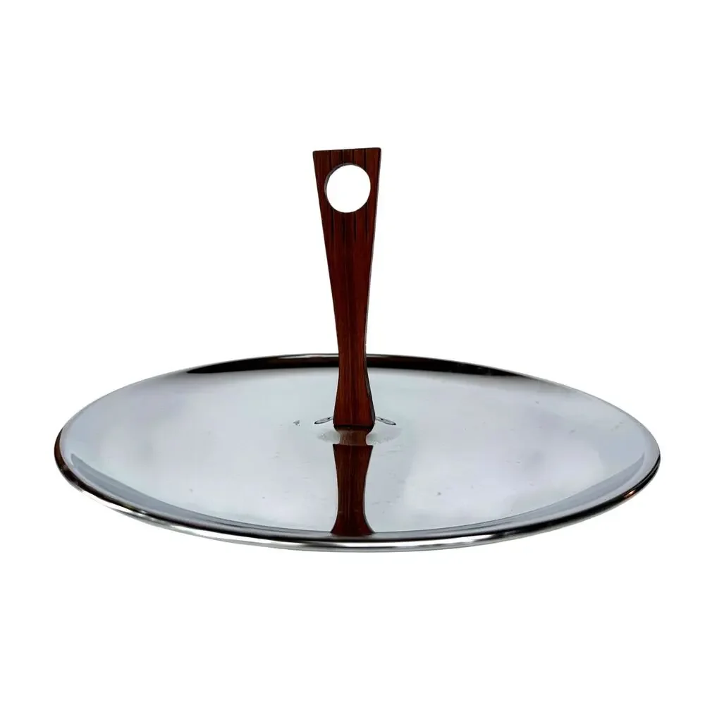 Vintage Mid Century Modern Chrome Serving Tray with Rotating Wood Handle